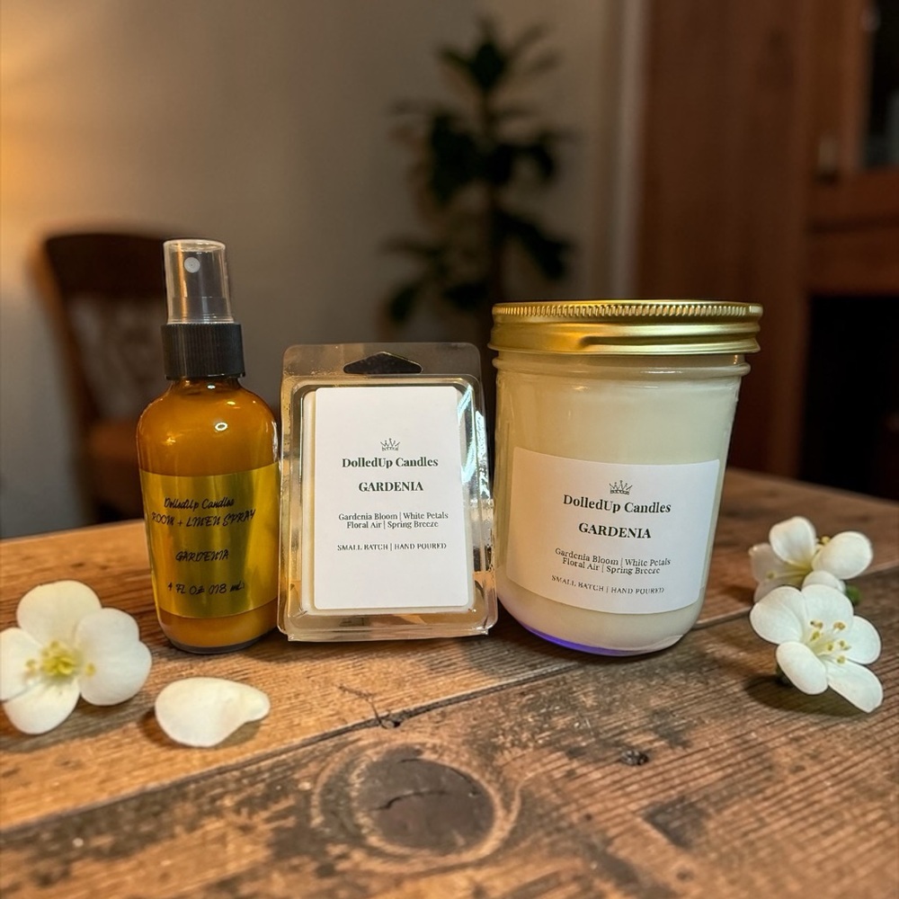 Gardenia Sanctuary Set | 16oz Mason Jar Candle + Wax Melts + Room & Linen Spray